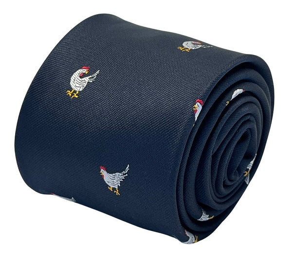 Navy dark blue  tie with embroidered chicken design